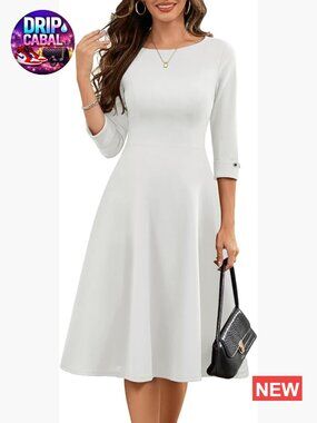 Fit and Flare Midi Dress with Pockets 3/4 Sleeve Modest Church Dress
